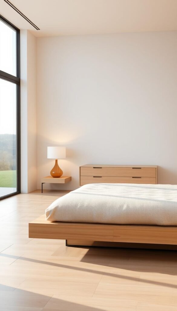 A minimalist bedroom with clean, simple furniture. In the foreground, a low-profile platform bed with a light-colored wooden frame and a plush, textured bedding. To the side, a floating nightstand with a single lamp casting a warm, ambient glow. In the middle ground, a minimalist dresser with smooth, unadorned surfaces. The background features a large window overlooking a serene, natural landscape, allowing natural light to filter in and create a calming atmosphere. The overall scene exudes a sense of tranquility and zen-like simplicity.
