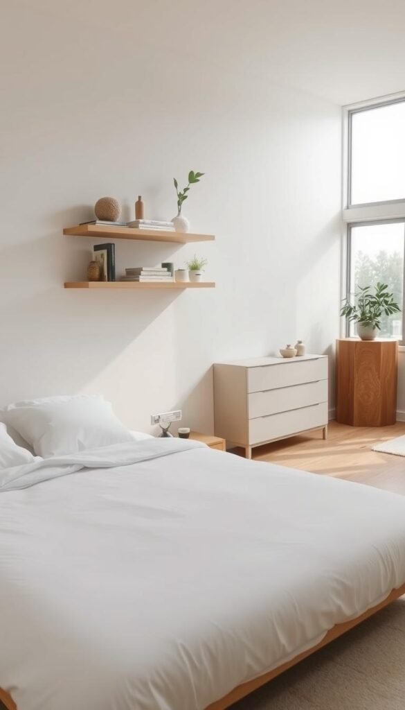 A minimalist bedroom with clean, uncluttered lines and a serene atmosphere. In the foreground, a low-profile platform bed with crisp white bedding. Floating shelves on the wall above, offering discreet storage solutions for books, plants, and decor. Natural light streams in through large windows, casting a soft glow. In the middle ground, a sleek dresser with clean, streamlined drawers, providing ample storage space. The background features a neutral color palette, with warm wood tones and muted textiles creating a calming ambiance. The overall composition emphasizes simplicity, functionality, and a sense of zen-like tranquility.