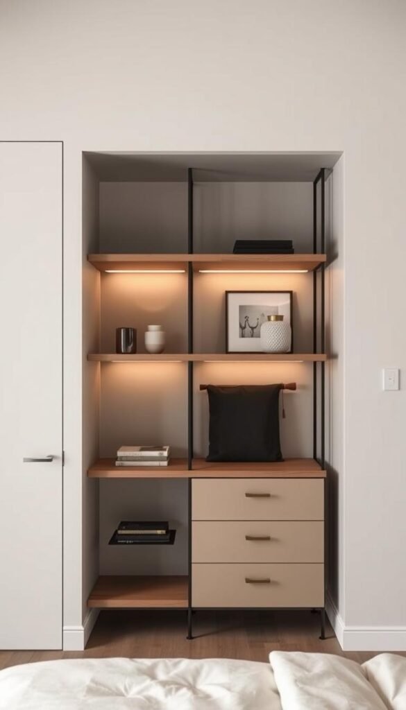 A minimalist bedroom with mid-century modern storage solutions. Soft, warm lighting illuminates clean-lined wood and metal shelving units, carefully arranged to maximize storage while maintaining an uncluttered aesthetic. The shelves display a few carefully selected decor pieces, creating visual interest without visual clutter. Muted earth-tone color palette, with touches of brass or copper, contributes to the serene, moody atmosphere. The composition emphasizes clean lines, negative space, and simple, functional design - capturing the essence of a beautifully organized, minimalist bedroom.