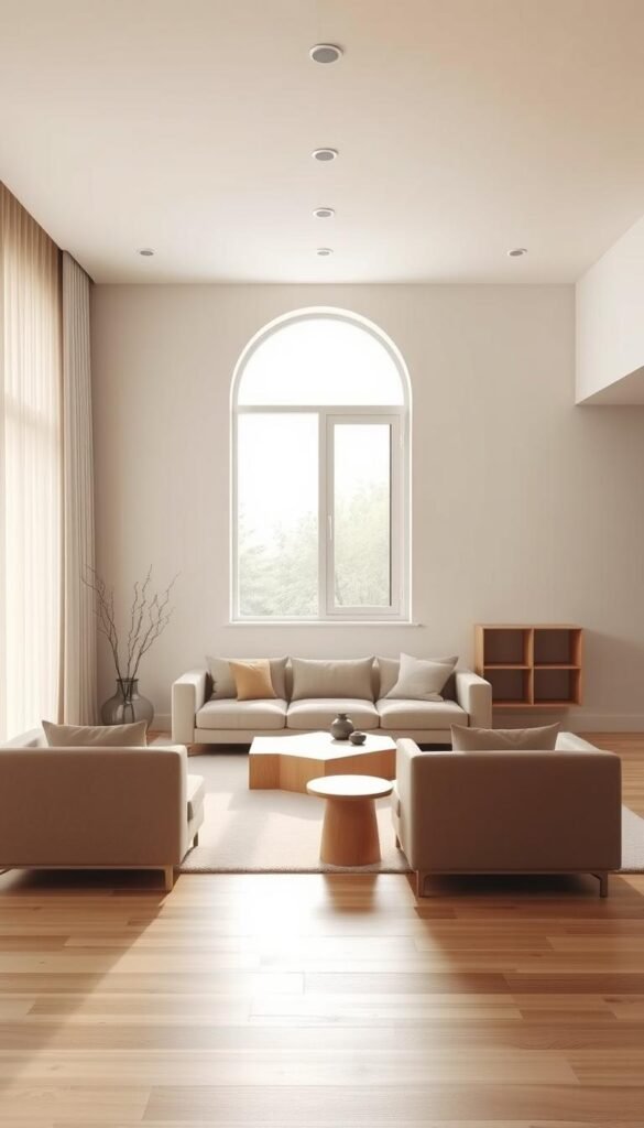 A minimalist interior design for a modern 3-bedroom home, featuring clean lines, neutral tones, and natural elements. The room is bathed in warm, diffused lighting, creating a cozy and inviting atmosphere. The focal point is a sleek, low-profile sofa facing a large window that allows natural light to pour in, illuminating the space. Complementary armchairs and a simple, geometric coffee table complete the living area. In the background, a minimalist bookshelf or storage unit adds functionality without detracting from the overall simplicity. The overall effect is a harmonious, serene space that embodies the essence of modern, minimalist interior design.