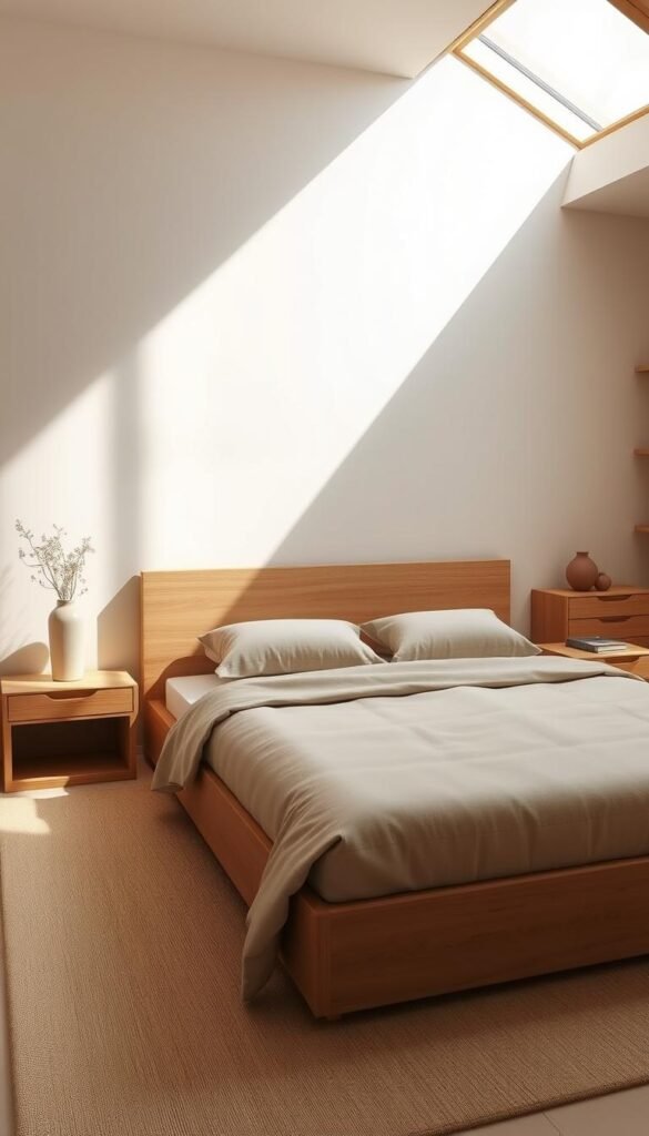 A minimalist, low-profile japandi-style bedroom set with a king-size platform bed, nightstands, and a dresser in a warm, natural color palette. The furniture features clean lines, subtle textures, and understated details, creating a serene, functional atmosphere. Soft, diffused lighting from a large window illuminates the scene, casting gentle shadows and highlights on the wood and fabric surfaces. The overall composition emphasizes simplicity, balance, and harmonious integration with the surrounding environment.