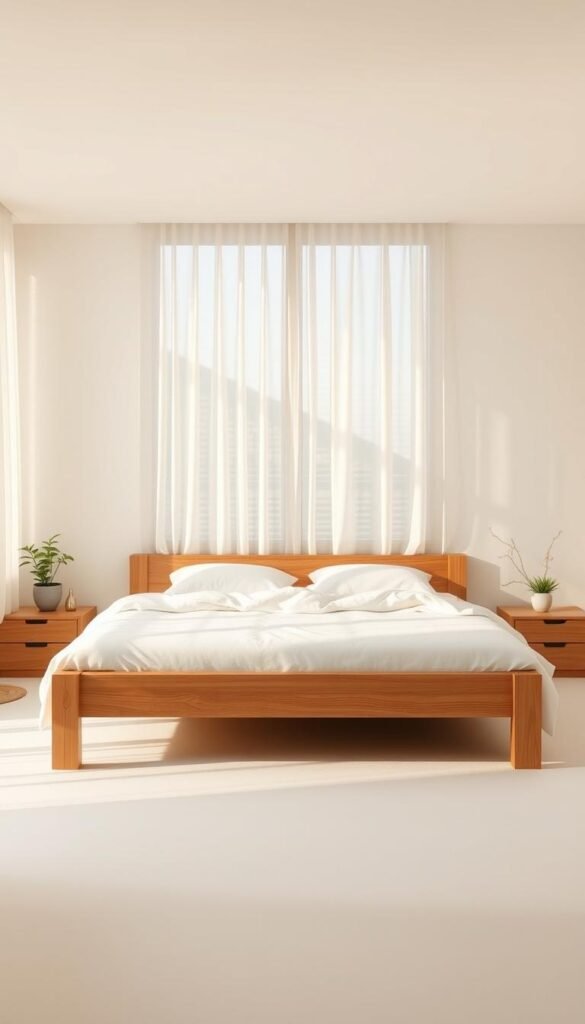 A minimalist, low-profile wooden bed frame sits atop a serene, neutral-toned Japandi bedroom. Soft, diffused lighting filters through gauzy curtains, casting a warm, peaceful glow. The frame's clean lines and natural wood grain complement the room's understated elegance, creating a sense of open, airy tranquility. Smooth, pale flooring and simple nightstands flank the bed, while a few potted plants add subtle greenery. The overall atmosphere evokes a zen-like retreat, perfect for relaxation and rejuvenation.
