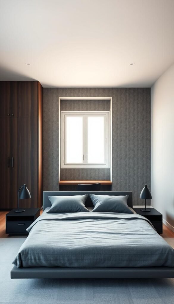 A minimalist masculine bedroom with clean lines and a muted color palette. In the foreground, a simple yet stylish platform bed with a gray linen duvet and black nightstands adorned with sleek metal lamps. A large window in the middle ground bathes the space in warm, natural light, showcasing the textured gray wallpaper and a small wooden desk beneath. In the background, a built-in wardrobe in a dark wood tone provides ample storage, complementing the overall minimalist aesthetic. The room exudes an atmosphere of understated elegance and functionality, capturing the essence of a modern, masculine bedroom design. A minimalist masculine bedroom with clean lines and a muted color palette. In the foreground, a simple yet stylish platform bed with a gray linen duvet and black nightstands adorned with sleek metal lamps. A large window in the middle ground bathes the space in warm, natural light, showcasing the textured gray wallpaper and a small wooden desk beneath. In the background, a built-in wardrobe in a dark wood tone provides ample storage, complementing the overall minimalist aesthetic. The room exudes an atmosphere of understated elegance and functionality, capturing the essence of a modern, masculine bedroom design.