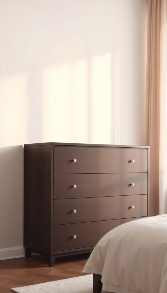 A minimalist, modern bedroom dresser with deep drawers sits against a white wall, bathed in warm, natural light filtering through sheer curtains. The dresser's clean, sleek lines and dark wood finish create a sophisticated aesthetic, complemented by subtle metallic hardware. The three large, generously sized drawers offer ample storage space for clothing and personal items. The composition emphasizes the dresser's elegant simplicity, capturing its ability to seamlessly blend form and function in a contemporary bedroom setting.