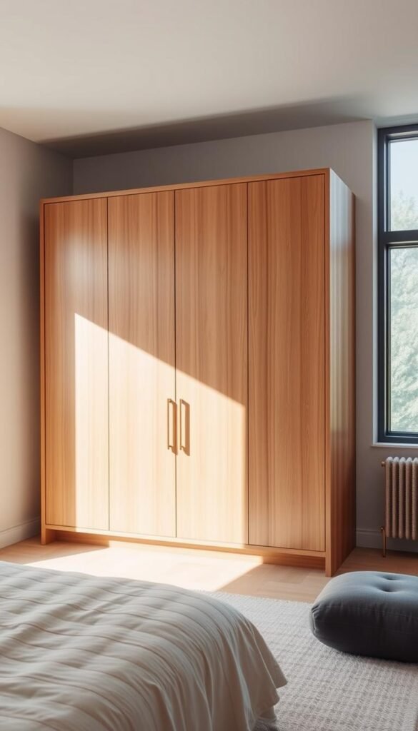 A minimalist monolith wardrobe stands tall and stately in a sun-drenched modern bedroom. Crafted from warm, natural wood, its clean lines and sleek silhouette command attention. Soft, diffused lighting from a large window casts a gentle glow, accentuating the wardrobe's simple yet striking design. The wardrobe's monolithic presence fills the space, creating a focal point that harmonizes with the room's pared-back aesthetic. Subtle texture in the wood grain adds depth and visual interest, while the lack of ornamentation or hardware keeps the design elegantly understated. This minimalist monolith wardrobe embodies a timeless, sophisticated style that is perfectly suited for a modern, serene bedroom interior.