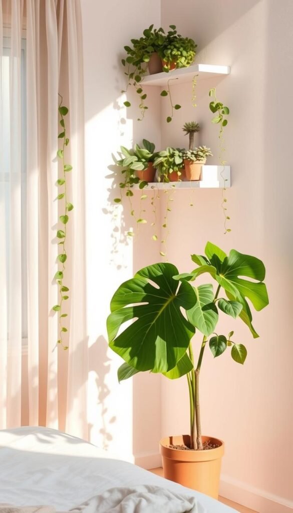 A minimalist pastel bedroom with lush, verdant plants cascading from wall-mounted shelves. Soft, diffused lighting filters through sheer curtains, casting a gentle glow on the muted tones of the room. In the foreground, a potted fiddle-leaf fig casts dynamic shadows, its leaves rustling gently. Midground features an array of trailing vines and succulents arranged on floating shelves, complementing the soothing palette of pale pinks and sage greens. The background showcases a simple, whitewashed wall, allowing the natural elements to take center stage. The overall atmosphere is one of serene, nature-inspired tranquility. A minimalist pastel bedroom with lush, verdant plants cascading from wall-mounted shelves. Soft, diffused lighting filters through sheer curtains, casting a gentle glow on the muted tones of the room. In the foreground, a potted fiddle-leaf fig casts dynamic shadows, its leaves rustling gently. Midground features an array of trailing vines and succulents arranged on floating shelves, complementing the soothing palette of pale pinks and sage greens. The background showcases a simple, whitewashed wall, allowing the natural elements to take center stage. The overall atmosphere is one of serene, nature-inspired tranquility.