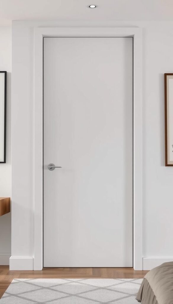 A minimalist, sleek solid door design with a bold, clean aesthetic. Set in a well-lit, modern bedroom space, the door commands attention with its minimalist lines and striking solid finish. Captured from a slightly elevated angle, the door's surface reflects the soft, diffused lighting, creating a sense of depth and texture. The door's simple yet impactful form takes center stage, creating a focal point that effortlessly complements the surrounding bedroom decor. The overall mood is one of refined sophistication and understated elegance, perfectly suited for a polished, modern bedroom interior.