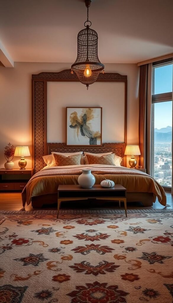 A modern Moroccan bedroom with a serene and sophisticated ambiance. An ornate, intricately carved wooden headboard takes center stage, adorned with warm-toned textiles and plush pillows. Ornamental brass lamps cast a gentle glow, illuminating the space. In the foreground, a handwoven Berber rug grounds the scene, its abstract patterns complementing the room's earthy color palette. The middle ground features a sleek, low-profile nightstand with a minimalist ceramic vase and a captivating piece of abstract wall art. Through the window, a panoramic view of the Atlas Mountains offers a breathtaking backdrop, blending traditional Moroccan architecture with a contemporary aesthetic.