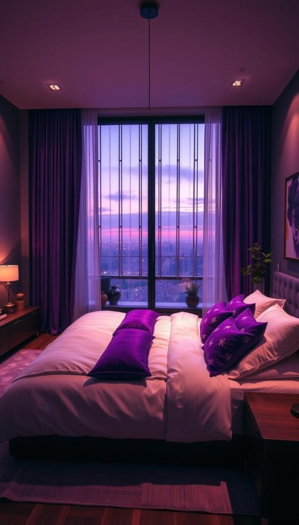 A modern and luxurious purple bedroom, bathed in warm, soft lighting. A large, plush bed with crisp white linens and an array of purple throw pillows and cushions. Sleek, minimalist furniture pieces in dark wood tones complement the color palette. Sheer curtains flutter gently, framing a panoramic window that overlooks a cityscape at dusk. Ambient lighting from table lamps and a statement pendant fixture create a cozy, intimate atmosphere. Subtle textures like velvet and silk add depth, while potted plants and a modern art piece on the wall bring organic, natural elements into the space.