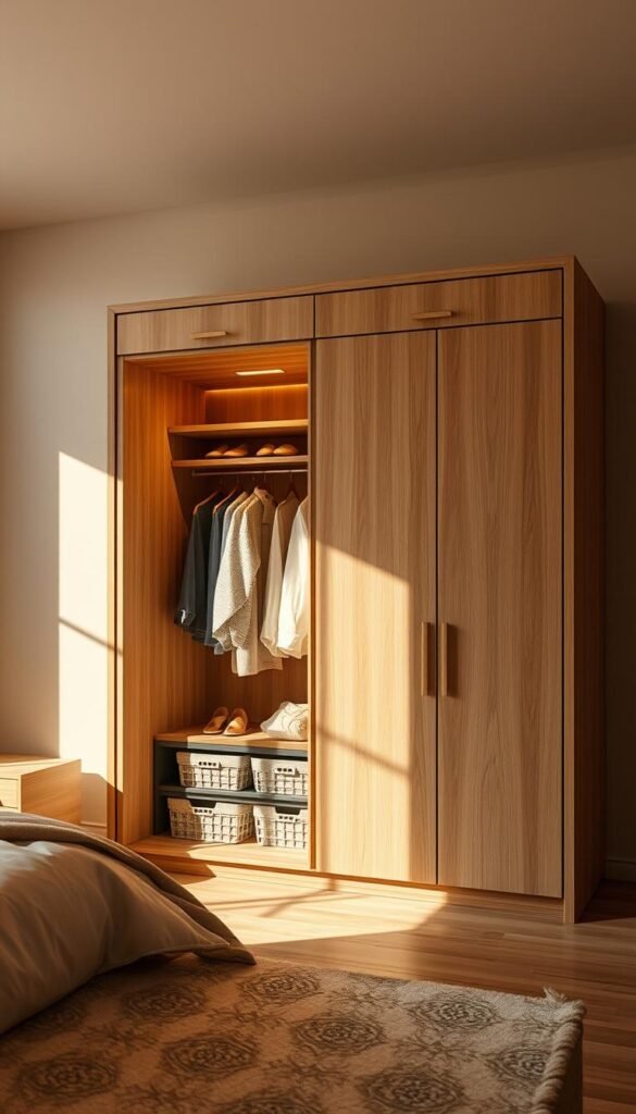 A modern and minimalist bedroom with an open and closed wooden wardrobe combination. The open section features neatly arranged clothing and accessories, while the closed section has a clean, seamless design. Warm, indirect lighting illuminates the scene, casting soft shadows and creating a cozy, inviting atmosphere. The wardrobe is positioned at an angle, allowing for a dynamic and visually interesting composition. The background is a neutral, muted tone that complements the natural wood tones of the wardrobe. The overall effect is one of elegant simplicity, showcasing the functional and aesthetic appeal of the wardrobe design.