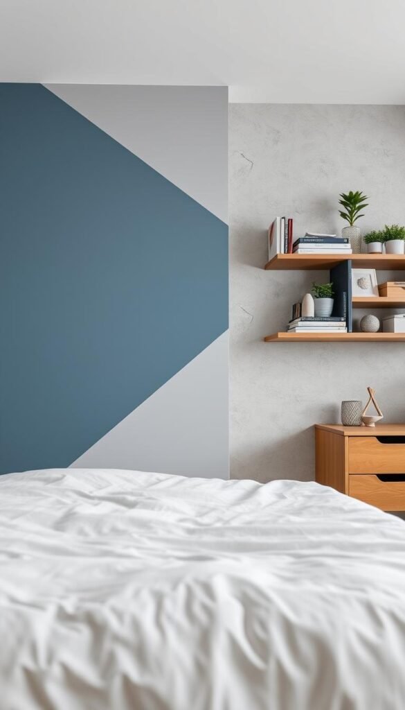 A modern boys bedroom with a visually striking wall treatment. The foreground features a large accent wall with a bold geometric pattern in muted shades of blue and gray, creating a sense of depth and movement. The middle ground showcases a mix of textures, including a textured plaster or stucco effect, adding visual interest. In the background, minimalist shelving displays a curated collection of books, plants, and decorative objects, complementing the contemporary aesthetic. The lighting is soft and diffused, creating a cozy, inviting atmosphere. The overall composition strikes a balance between playfulness and sophistication, suitable for a growing child's evolving tastes.