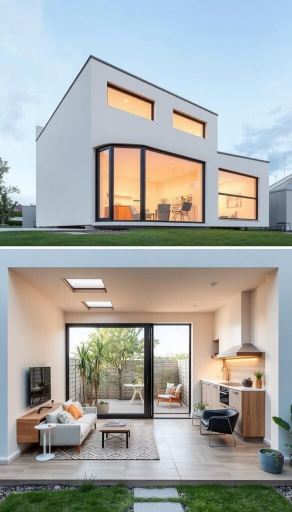 A modern, cost-efficient home design featuring a minimalist exterior with clean lines, large windows, and a flat roof. The layout utilizes an open-concept floor plan, with the living room, dining area, and kitchen seamlessly integrated. The home is bathed in natural light, thanks to strategically placed skylights and sliding glass doors that open to a small, low-maintenance garden. Subtle pops of color and natural textures, such as wood and stone, add warmth and character. The overall aesthetic is sleek, practical, and mindful of energy efficiency, creating a comfortable and inviting living space within a compact footprint.