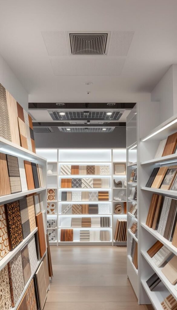 A modern false ceiling showroom with an array of material samples displayed on clean, minimalist shelving. The foreground features various textured tiles, wooden panels, and metallic grids, each illuminated by soft, diffused lighting that highlights their unique properties. The middle ground showcases more substantial materials like gypsum boards, suspended systems, and intricate moldings, while the background blends into a serene, neutral-toned environment, allowing the materials to take center stage. The overall mood is one of sophistication, inviting the viewer to explore the possibilities for their own space.