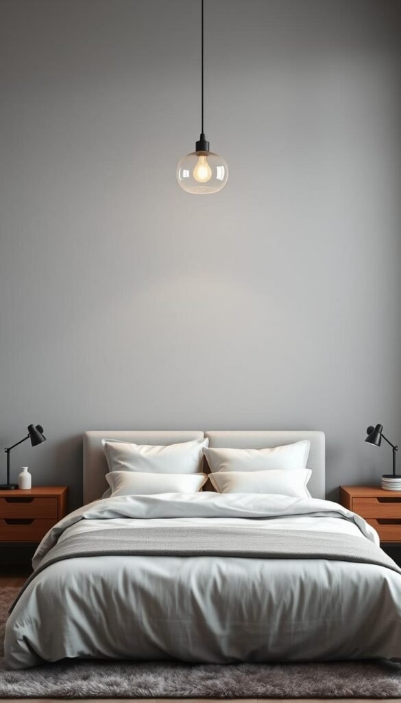 A modern grey accent wall in a minimalist bedroom setting, showcasing a sophisticated and serene atmosphere. The wall features a subtle textural pattern, with a matte finish that creates a calming, refined ambiance. Soft, diffused lighting from a single pendant fixture casts a warm glow, highlighting the depth and nuance of the grey tones. The wall is the focal point, seamlessly blending with the neutral palette of the bedding, wooden nightstands, and a plush area rug. The overall composition exudes a sense of tranquility and elegant simplicity, elevating the bedroom's interior design.
