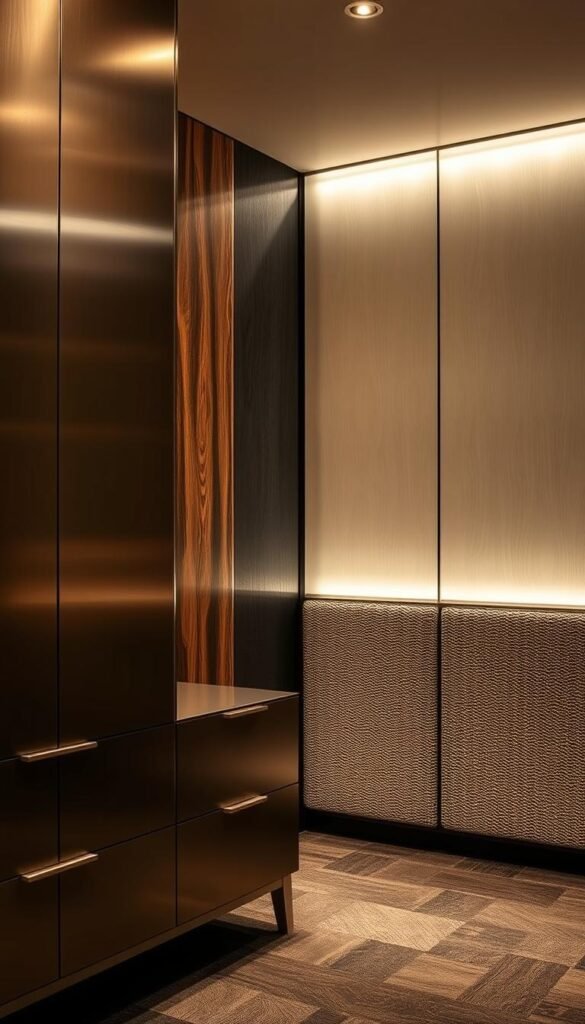 A modern, luxurious wardrobe showcasing innovative materials and finishes. In the foreground, a sleek, minimalist cabinet with a metallic sheen, perhaps brushed stainless steel or a matte titanium. The middle ground features a textured, natural-looking surface, like a richly grained wood or a handwoven fabric with an intricate pattern. In the background, a wall paneled with a futuristic, high-tech material, like a seamless, backlit polymer or a light-reflecting, iridescent composite. The lighting is soft and indirect, casting a warm, inviting glow and highlighting the depth and complexity of the materials. The overall atmosphere is one of contemporary elegance and cutting-edge design.