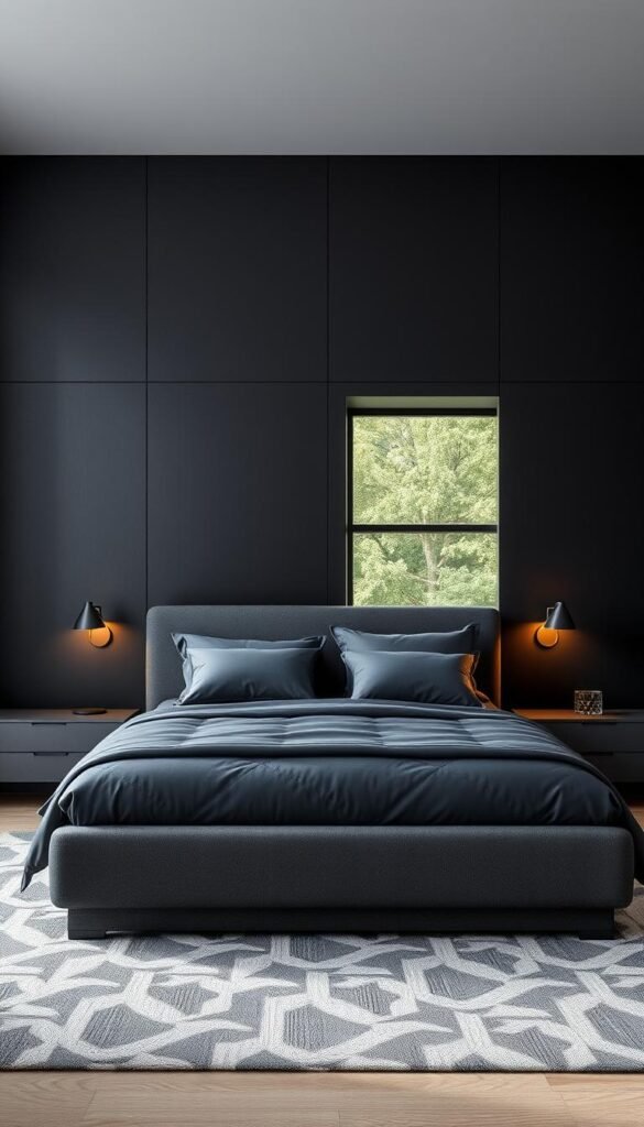 A modern, masculine accent wall with a bold visual impact. In the foreground, a textured, matte black feature wall with subtle geometric patterns. In the middle ground, a clean-lined, minimalist bed frame and bedding in shades of charcoal and slate. Soft, warm lighting from sconces casts a cozy glow, while a large window in the background allows natural light to stream in, creating depth and contrast. The overall atmosphere is sophisticated, refined, and tailored, reflecting the design of a contemporary, masculine bedroom. A modern, masculine accent wall with a bold visual impact. In the foreground, a textured, matte black feature wall with subtle geometric patterns. In the middle ground, a clean-lined, minimalist bed frame and bedding in shades of charcoal and slate. Soft, warm lighting from sconces casts a cozy glow, while a large window in the background allows natural light to stream in, creating depth and contrast. The overall atmosphere is sophisticated, refined, and tailored, reflecting the design of a contemporary, masculine bedroom.