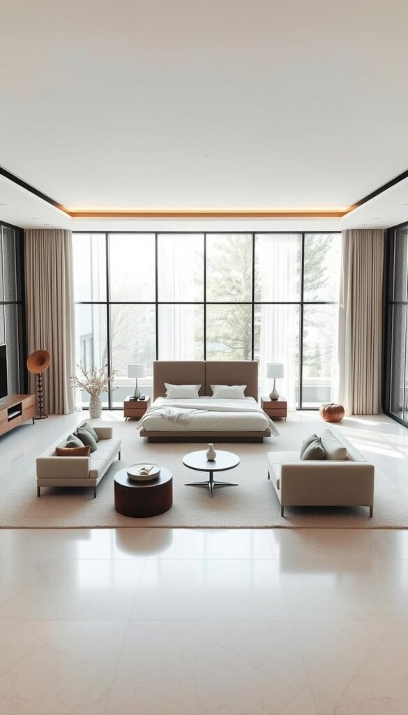 A modern master suite with an intentionally designed bedroom layout that maximizes space and flow. A large, airy room with abundant natural light filtering through floor-to-ceiling windows. Minimalist contemporary furniture arranged to create distinct zones - a cozy sitting area, a spacious sleeping space, and a tranquil meditation nook. Soft, neutral tones punctuated by pops of rich, earthy accents. Indirect ambient lighting casts a warm, calming glow. The layout is optimized for seamless movement and a sense of balanced harmony. This serene sanctuary exudes sophistication and luxurious comfort, elevating the everyday experience of the master bedroom.