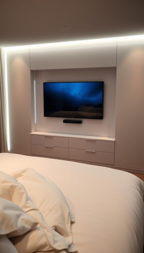 A modern, minimalist bedroom with a hidden TV unit seamlessly integrated into the wall. Ambient lighting creates a cozy, atmospheric glow, while sleek touch controls allow for discreet entertainment access. The television panel blends seamlessly into the wall, revealing itself only when activated, creating a clean, uncluttered aesthetic. Luxurious bedding, soft textures, and a neutral color palette contribute to the overall sense of refined elegance and technological sophistication. Careful camera angles and cinematic lighting emphasize the refined, high-tech integration of the hidden entertainment system within the tranquil, serene bedroom environment. A modern, minimalist bedroom with a hidden TV unit seamlessly integrated into the wall. Ambient lighting creates a cozy, atmospheric glow, while sleek touch controls allow for discreet entertainment access. The television panel blends seamlessly into the wall, revealing itself only when activated, creating a clean, uncluttered aesthetic. Luxurious bedding, soft textures, and a neutral color palette contribute to the overall sense of refined elegance and technological sophistication. Careful camera angles and cinematic lighting emphasize the refined, high-tech integration of the hidden entertainment system within the tranquil, serene bedroom environment.