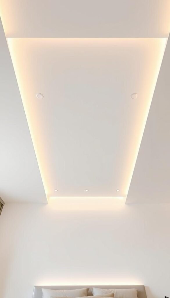 A modern, minimalist bedroom with a seamless ceiling lighting integration. A sleek, recessed lighting system is flush with the pristine white ceiling, creating a warm, diffused illumination that gently bathes the room in a soft, ambient glow. The lighting fixtures are meticulously aligned, forming a visually striking geometric pattern that adds depth and visual interest to the space. Subtle shadows cast by the lighting accentuate the clean, architectural lines of the ceiling design, resulting in a harmonious and sophisticated visual harmony. The overall mood is one of tranquility, comfort, and elevated aesthetic sensibilities.
