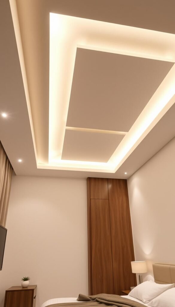 A modern, minimalist bedroom with a sleek, elegant false ceiling design. The ceiling features a recessed geometric pattern, with subtle indirect lighting that creates a warm, inviting ambiance. The design seamlessly integrates with the neutral color palette and clean, uncluttered decor of the room. The lighting casts a soft, diffused glow, highlighting the architectural elements and creating a tranquil, relaxing atmosphere. The composition captures the room from an angle that emphasizes the visual interest and sophistication of the false ceiling, showcasing its ability to transform a small, contemporary bedroom into a serene, refined space.