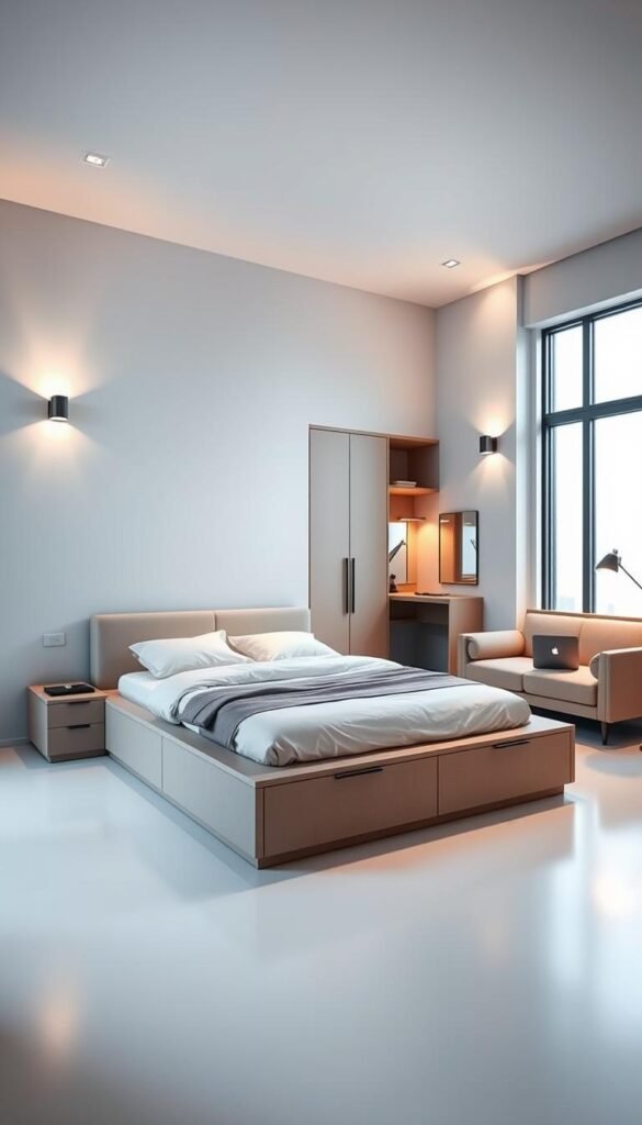 A modern, minimalist bedroom with a versatile multifunctional furniture setup. The focal point is a sleek, modular platform bed with built-in storage compartments and integrated side tables. Adjacent to the bed is a freestanding wardrobe with ample closet space and a vanity mirror. Across the room, a convertible sofa-cum-workstation provides additional seating and a surface for a laptop or documents. Soft, indirect lighting from wall sconces and a large window create a warm, inviting ambiance. The overall atmosphere is one of functionality, clean lines, and tasteful sophistication. A modern, minimalist bedroom with a versatile multifunctional furniture setup. The focal point is a sleek, modular platform bed with built-in storage compartments and integrated side tables. Adjacent to the bed is a freestanding wardrobe with ample closet space and a vanity mirror. Across the room, a convertible sofa-cum-workstation provides additional seating and a surface for a laptop or documents. Soft, indirect lighting from wall sconces and a large window create a warm, inviting ambiance. The overall atmosphere is one of functionality, clean lines, and tasteful sophistication.