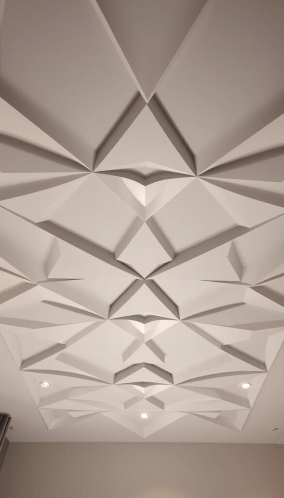 A modern, minimalist geometric ceiling panel design with interlocking patterns of sharp-edged, low-poly shapes in a symmetrical arrangement. The panels are fabricated from white matte materials, casting dramatic shadows and highlights across the ceiling surface. Indirect, soft lighting from recessed fixtures illuminates the design, creating a tranquil, well-lit ambiance. The composition is captured from a low, slightly elevated angle to showcase the intricate interplay of geometric forms and their three-dimensional depth. An airy, serene atmosphere evokes a sense of sophisticated, contemporary style suitable for a minimalist, designer bedroom.