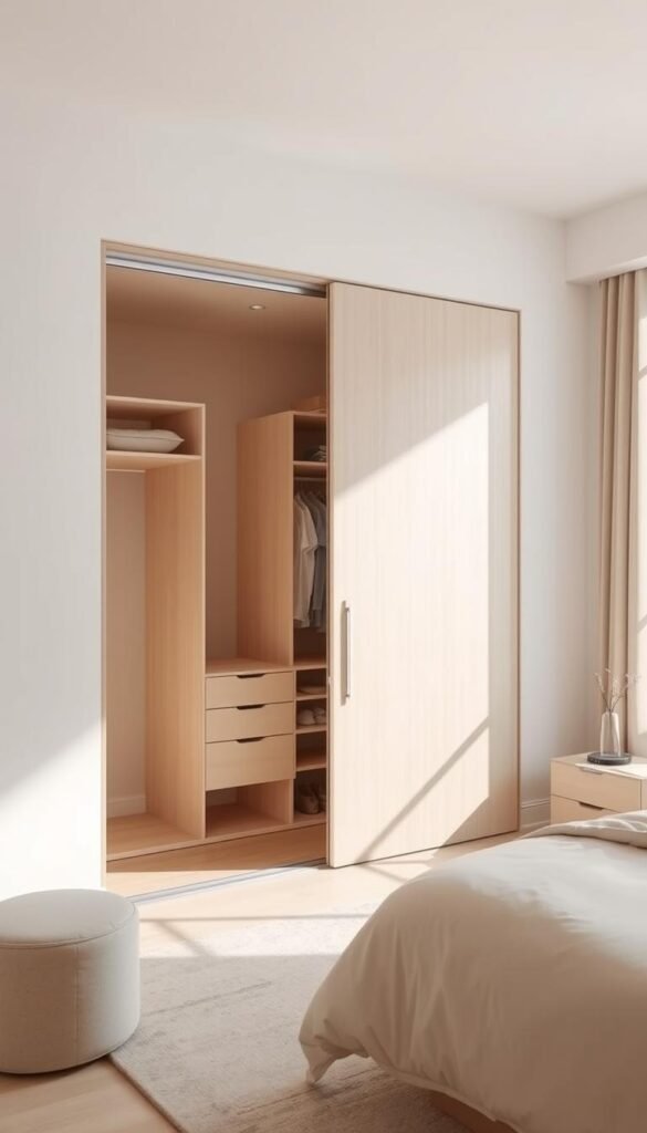 A modern, minimalist sliding door wardrobe set against a bright, airy bedroom. The wardrobe doors are sleek, made of light-colored wood or laminate, gliding effortlessly on a concealed track. The interior is neatly organized, featuring adjustable shelves and hanging rods to maximize storage space. Soft, natural lighting filters in through large windows, casting a warm glow on the scene. The room's decor is clean and uncluttered, with neutral tones and simple furnishings that complement the wardrobe's design. The overall impression is one of efficiency, tranquility, and a sense of order in a contemporary, luxury bedroom setting.