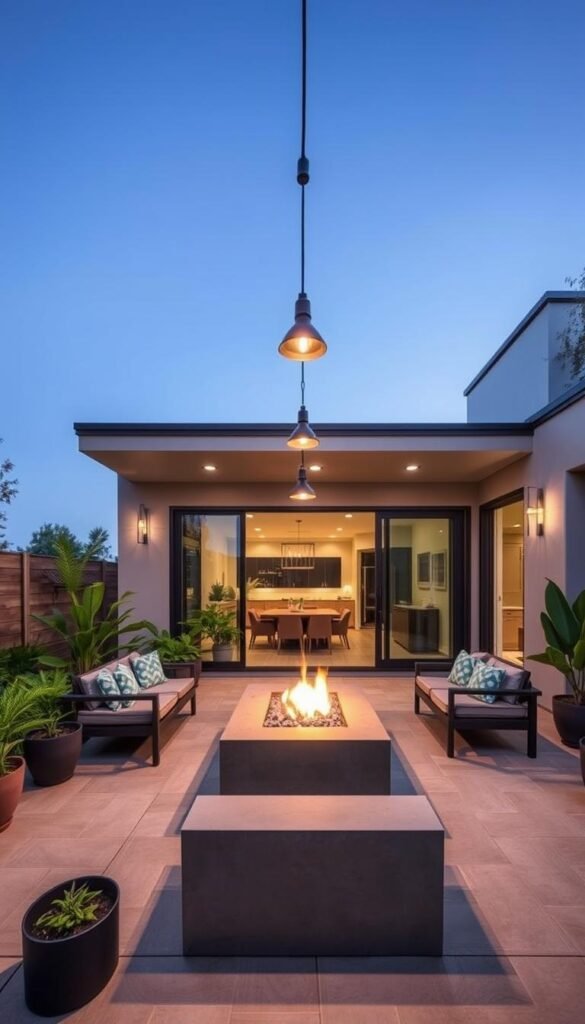 A modern outdoor living space seamlessly integrated with a compact 3-bedroom home. A well-appointed patio with comfortable seating and a sleek gas firepit takes center stage, surrounded by lush potted plants and contemporary landscaping. The home's large sliding glass doors open to this inviting extension of the interior, blending the boundaries between indoors and out. Warm, diffused lighting from overhead pendant fixtures creates a cozy ambiance as the sun sets, while a wide-angle lens captures the harmonious flow between the architectural structure and the natural environment beyond.