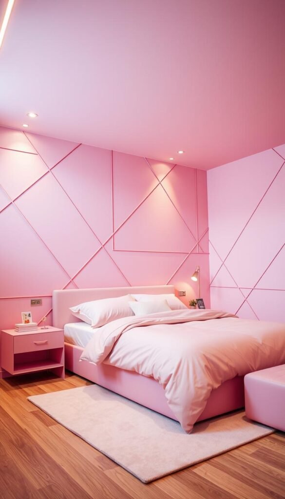 A modern pink bedroom with sleek, geometric patterns adorning the walls and furnishings. Crisp, clean lines intersect and interlock, creating a visually captivating display of shapes and forms. Soft, diffused lighting casts a warm, inviting glow, highlighting the intricate details of the geometric designs. The overall atmosphere exudes a sense of contemporary sophistication and artistic flair, seamlessly blending the practical and the aesthetic. The camera captures the scene at a slightly elevated angle, showcasing the harmonious interplay of geometry and color that defines this chic and stylish bedroom.