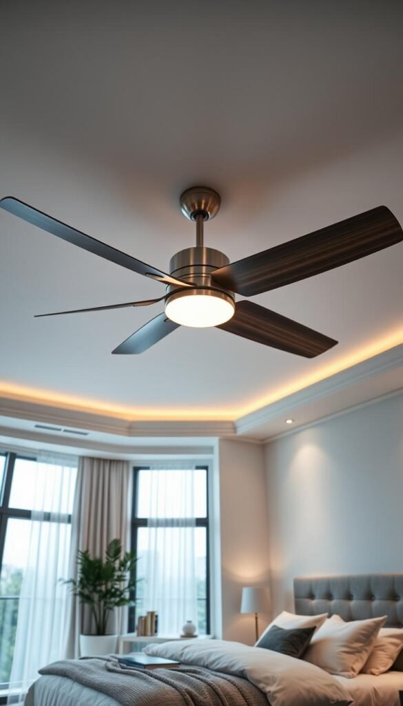 A modern, sleek bedroom featuring a stunning ceiling fan as the focal point. The fan's blades are streamlined and minimalist, with a contemporary brushed nickel finish that complements the room's neutral color palette. The fan is suspended from a recessed light fixture, casting a warm, ambient glow throughout the space. The bedroom is adorned with plush bedding, a cozy reading nook, and large windows that flood the room with natural light. The overall atmosphere is one of relaxation and sophistication, perfectly suited for a 2026 bedroom design.