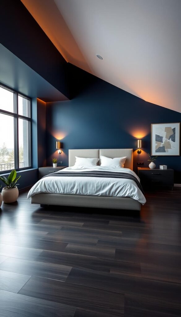 A modern, sleek bedroom with a bold, dramatic accent wall in a deep navy blue color. The wall dominates the frame, casting a moody, sophisticated atmosphere. A large, king-size bed with crisp white bedding and minimalist nightstands takes center stage. Warm, indirect lighting from wall sconces and a large window creates a cozy, ambient glow. The floor is a sleek, dark hardwood, and the room is sparsely decorated, with a few potted plants and abstract artwork adding subtle pops of color. The camera angle is slightly elevated, capturing the room's clean lines and elegant proportions.