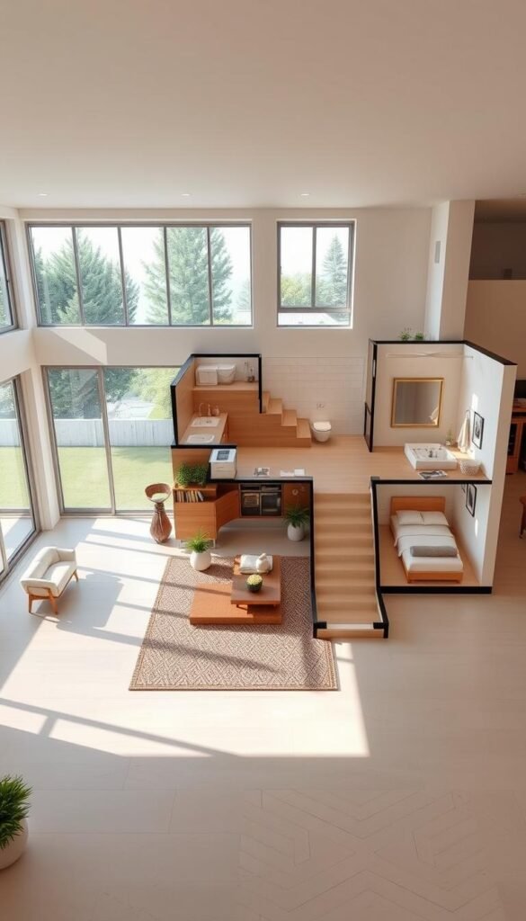 A modern, three-bedroom house layout with an open-concept design and abundant natural light. The floor plan features a spacious living room with large windows overlooking a lush backyard. The kitchen is seamlessly integrated with the dining area, creating a harmonious flow. Two generously sized bedrooms flank a luxurious master suite, each with ample closet space and ensuite bathrooms. The layout emphasizes functionality and flexibility, accommodating a variety of family needs. Soft, warm tones throughout, complemented by clean lines and a minimalist aesthetic, evoke a tranquil, inviting atmosphere. Captured through a wide-angle lens, the image showcases the home's harmonious, versatile design.