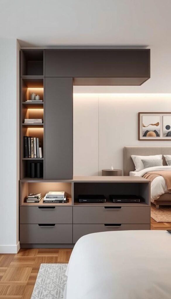 A modern, well-designed bedroom entertainment unit with ample storage space. In the foreground, a sleek, minimalist TV unit with clean lines and a muted color palette, blending seamlessly with the bedroom's decor. The middle ground features cleverly integrated shelves and drawers, providing discreet storage for media devices, books, and personal items. Indirect lighting casts a warm, inviting glow, creating a cozy atmosphere. In the background, a large, comfortable bed with plush bedding, complemented by a serene wall color and tasteful artwork, establishing a harmonious, relaxing ambiance. The entire scene conveys a sense of functionality, style, and smart storage solutions for a contemporary bedroom setting. A modern, well-designed bedroom entertainment unit with ample storage space. In the foreground, a sleek, minimalist TV unit with clean lines and a muted color palette, blending seamlessly with the bedroom's decor. The middle ground features cleverly integrated shelves and drawers, providing discreet storage for media devices, books, and personal items. Indirect lighting casts a warm, inviting glow, creating a cozy atmosphere. In the background, a large, comfortable bed with plush bedding, complemented by a serene wall color and tasteful artwork, establishing a harmonious, relaxing ambiance. The entire scene conveys a sense of functionality, style, and smart storage solutions for a contemporary bedroom setting.