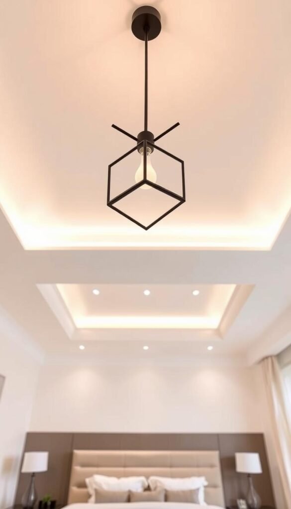 A modern, well-lit bedroom interior with a focus on the ceiling design. In the foreground, a minimalist, geometric ceiling light fixture casts a warm, ambient glow. The middle ground features an expansive, high-ceilinged space with clean lines and neutral color palette. The background showcases a variety of ceiling design considerations, including recessed lighting, crown molding, and a central architectural feature such as a tray or coffered ceiling. The overall atmosphere is one of calm, sophistication, and attention to detail, setting the stage for the key factors to consider in a modern bedroom ceiling design.