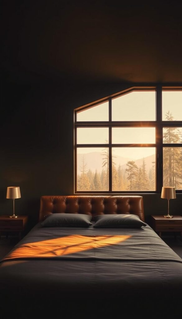 A moody, mid-century modern bedroom awash in earthy tones. The walls are painted a deep, muted olive, casting a warm glow on the space. In the foreground, a large, tufted headboard in a rich cognac leather dominates the frame, its angular silhouette casting dramatic shadows. A pair of angular, walnut nightstands flank the bed, topped with vintage-inspired lamps that emit a soft, ambient light. In the background, a large picture window overlooks a lush, forested landscape, the golden hour sunlight filtering in and casting a moody, atmospheric haze throughout the room.