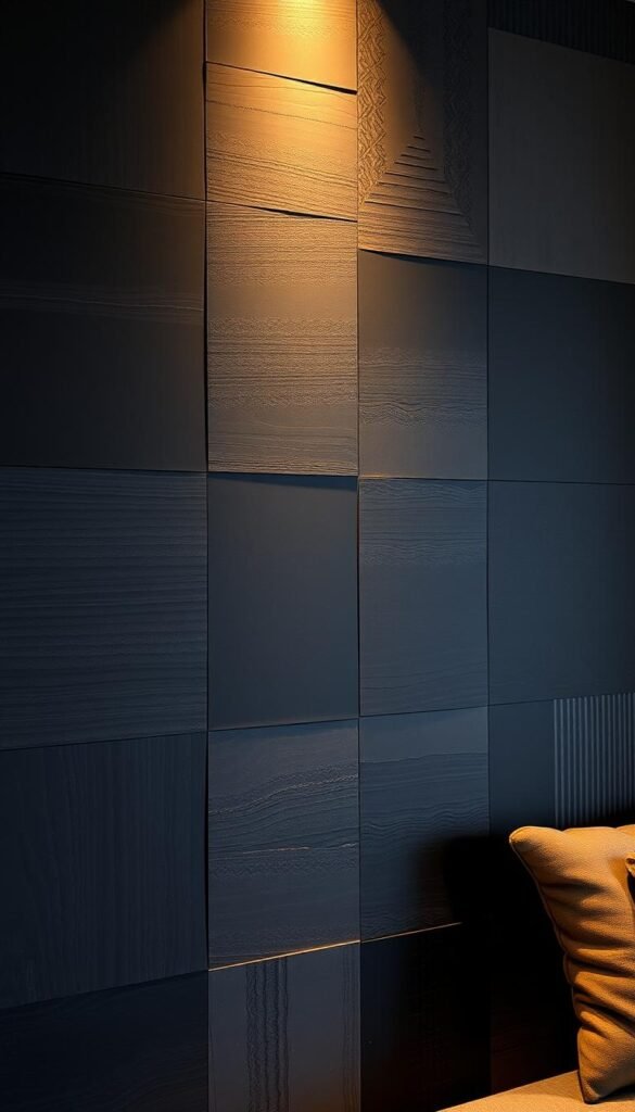 A moody, modern accent wall with a dramatic, textural design. The wall features a mix of matte black, deep charcoal, and dark gray tones, creating a striking, moody backdrop. The texture is a combination of geometric patterns, subtle stripes, and abstract shapes, adding depth and visual interest. Warm, soft lighting casts a gentle glow, illuminating the textural details and creating a cozy, inviting atmosphere. The camera angle is slightly elevated, capturing the full height of the accent wall and showcasing its impactful, statement-making design.