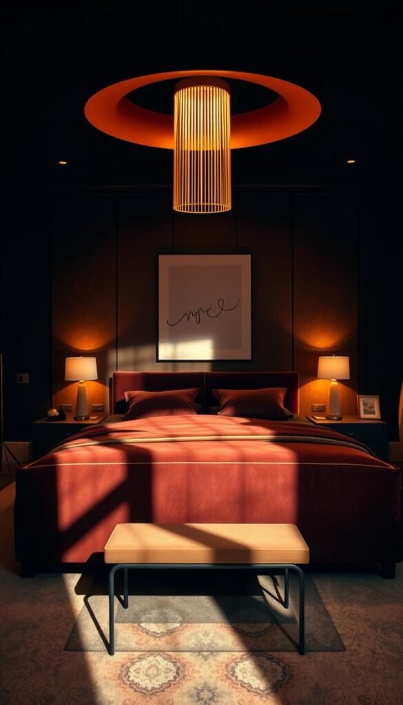 A moody, modern bedroom with a defined focal point. In the foreground, a striking piece of statement artwork or sculptural light fixture takes center stage, casting warm, dramatic shadows across the room. The middle ground features a plush, oversized upholstered bed frame in a rich, jewel-toned fabric, flanked by minimalist nightstands and sconces. In the background, a feature wall showcases a textured, earthy wallpaper or paneling, creating depth and visual interest. Soft, indirect lighting from floor lamps and hidden fixtures bathes the space in a cozy, intimate glow. The overall atmosphere is one of refined elegance and purposeful restraint, inviting the viewer to linger and appreciate the thoughtfully curated details.