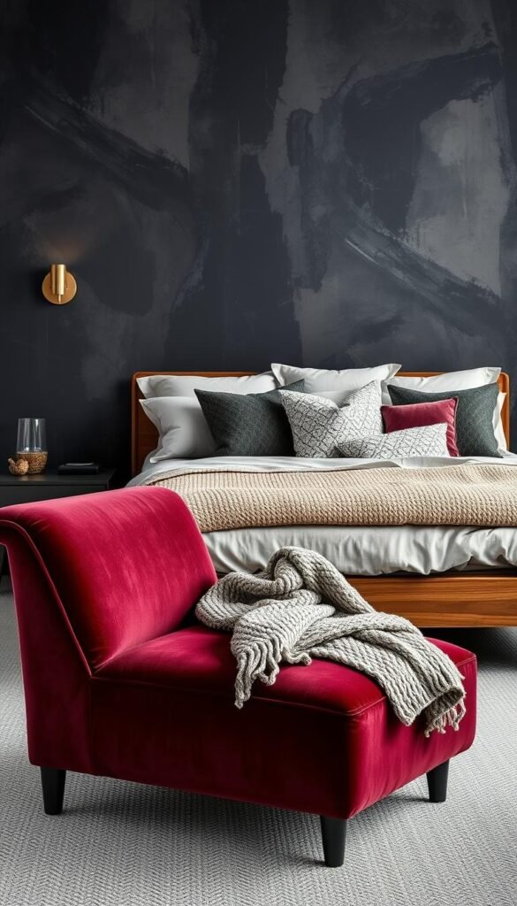 A moody, modern bedroom with a layered, textured decor. The foreground features a plush, velvet-upholstered chaise lounge in a rich burgundy hue, accented by a chunky knit throw blanket. In the middle ground, a low-profile, wooden bed frame is adorned with an array of tonal, textural bedding - linen sheets, a boucle duvet, and patterned accent pillows. The background showcases a feature wall with a dramatic, abstract wallpaper in shades of charcoal and navy, creating depth and visual interest. Soft, diffused lighting from a pair of sleek, metal sconces casts a warm, cozy glow throughout the space.