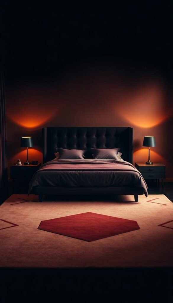 A moody, modern bedroom with a warm, inviting color palette. The room is softly lit, creating a cozy and atmospheric ambiance. The walls feature a rich, earthy tone, complemented by deep burgundy or plum textiles and accents. A large, tufted headboard in a velvety fabric anchors the space, while a geometric area rug in muted shades of ochre and terracotta grounds the composition. Minimalist nightstands in a dark, natural wood tone flank the bed, adorned with simple table lamps that cast a gentle glow. The overall effect is one of refined elegance and a sense of tranquility, perfect for a serene and restful retreat.