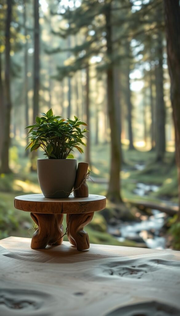 A nature-inspired bedside table with a rustic, organic aesthetic. In the foreground, a solid wooden table top with a smooth, weathered texture, supporting a potted plant with lush, vibrant foliage. The middle ground features a sturdy, hand-carved wooden frame with subtle knots and grains, complemented by delicate twigs and vines intertwined around the legs. The background depicts a serene, sunlit forest scene, with towering trees, soft dappled lighting, and a hint of a winding stream in the distance, creating a calming, tranquil atmosphere. The overall composition exudes a sense of natural harmony and warmth, inviting the viewer to bring the beauty of the outdoors into the bedroom.