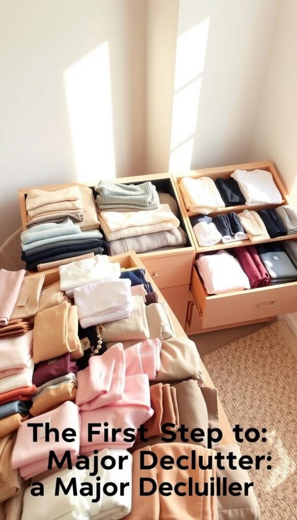 A neatly organized dresser with an abundance of folded clothing items in soft, neutral tones. The foreground showcases a variety of garments, including shirts, pants, and sweaters, carefully arranged and color-coordinated. The middle ground features the open drawers of the dresser, revealing additional organized sections for accessories and undergarments. The background is a serene, minimalist bedroom setting with natural lighting streaming in from a window, casting a warm, calming glow over the scene. The overall mood is one of tranquility and a sense of accomplishment, embodying the idea of "The First Step to Organization: A Major Declutter".