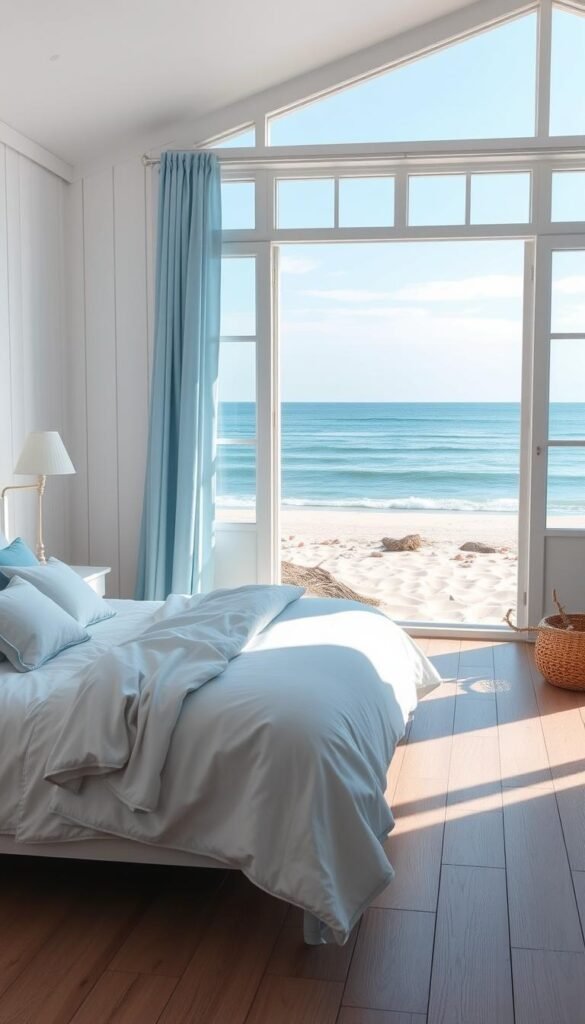 A peaceful, tranquil coastal scene featuring a serene blue and white color palette. In the foreground, a cozy beach-style bed with crisp white linens and soft blue accents. Surrounding it, a minimalist yet inviting bedroom space, with wooden floors and whitewashed walls. In the middle ground, a large window frames a breathtaking view of the ocean, the horizon a seamless blend of azure sky and gently lapping waves. Soft, natural lighting filters in, creating a warm, inviting atmosphere. In the background, a pristine sandy beach, dotted with driftwood and seashells, leads to the vast, calming expanse of the sea.