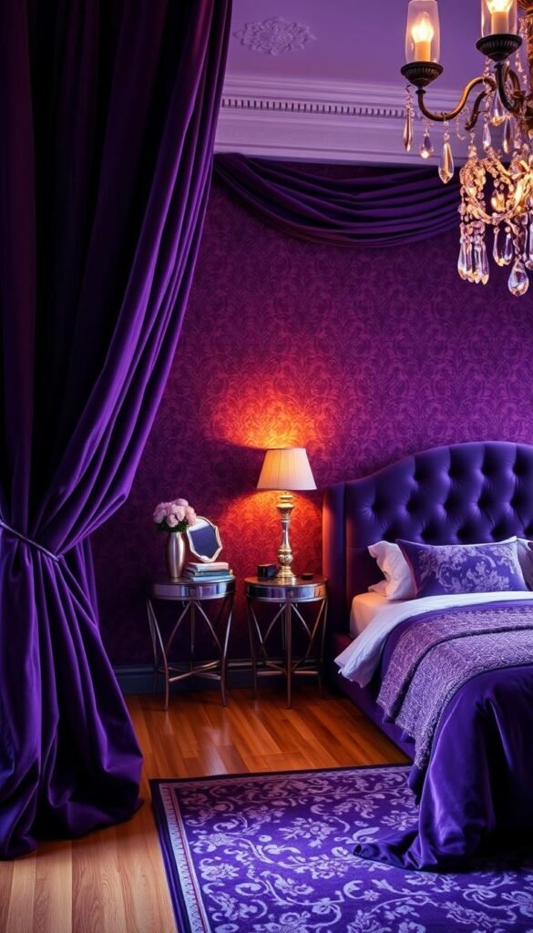 A richly textured purple bedroom, with intricate patterns and gentle lighting. Plush velvet curtains frame the scene, their folds and creases creating a sense of depth and drama. The bed is adorned with a luxurious, tufted headboard, the fabric's texture playing with the soft, ambient illumination. Delicate, shimmering accents, such as a mirrored side table and a crystal chandelier, add a touch of opulence. The hardwood floor is covered in a sumptuous, patterned rug, its design echoing the subtle textures of the space. Warm, diffused lighting casts a cozy, inviting glow, while the overall palette of deep, regal purple creates a tranquil, sophisticated atmosphere.