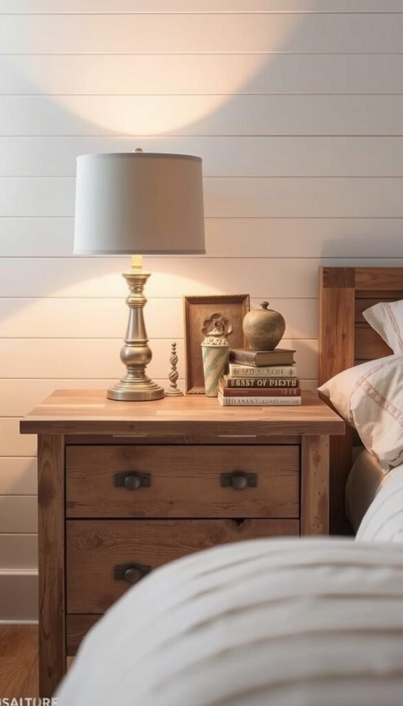 A rustic farmhouse nightstand bathed in warm, soft lighting, its surface adorned with a vintage table lamp, a few tasteful knickknacks, and a stack of well-worn books. The piece is crafted from distressed wood, its weathered finish complementing the neutral color palette of the bedroom. The nightstand is positioned against a whitewashed shiplap wall, creating a harmonious, cozy ambiance that embodies the modern farmhouse aesthetic. The angle showcases the nightstand's clean lines and functional design, making it the perfect complement to the other bedroom furnishings.