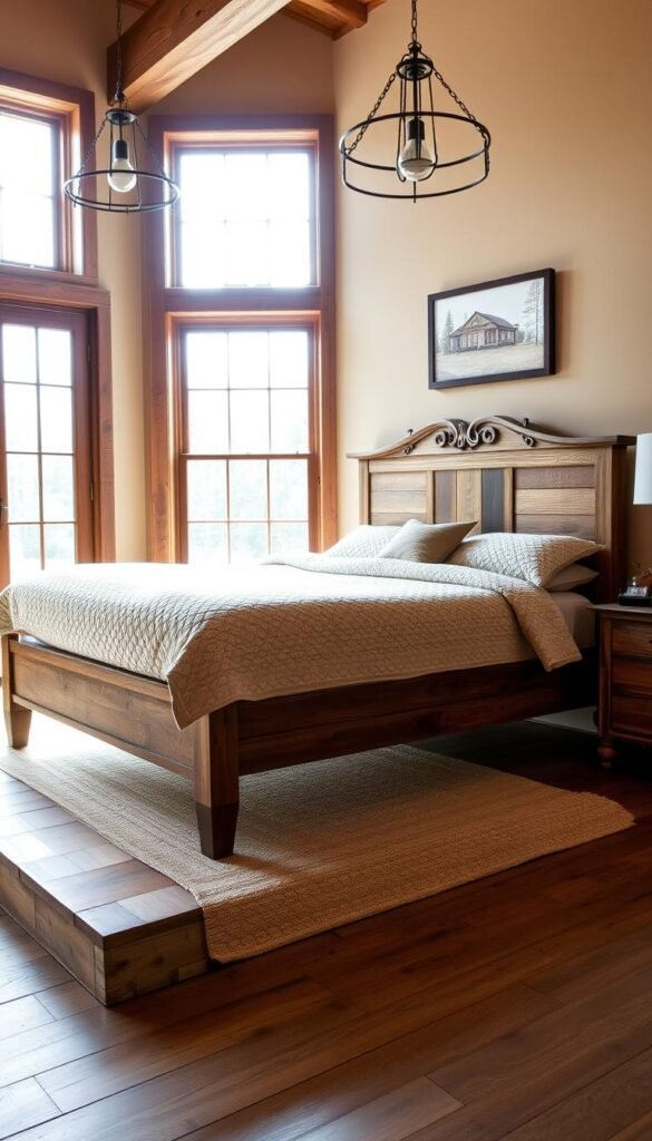 A rustic farmhouse-style master bedroom, featuring a stunning handcrafted wooden bed frame with intricate carved details, set against a backdrop of warm, neutral-toned walls. Soft natural light streams in through large windows, casting a gentle glow on the textured quilt and plush bedding. The bed is the focal point, elevated on a simple wooden platform, its clean lines and traditional silhouette blending seamlessly with the modern farmhouse aesthetic. Subtle industrial-inspired accents, such as wrought-iron lighting fixtures and a weathered wood nightstand, complement the overall cozy and inviting atmosphere.