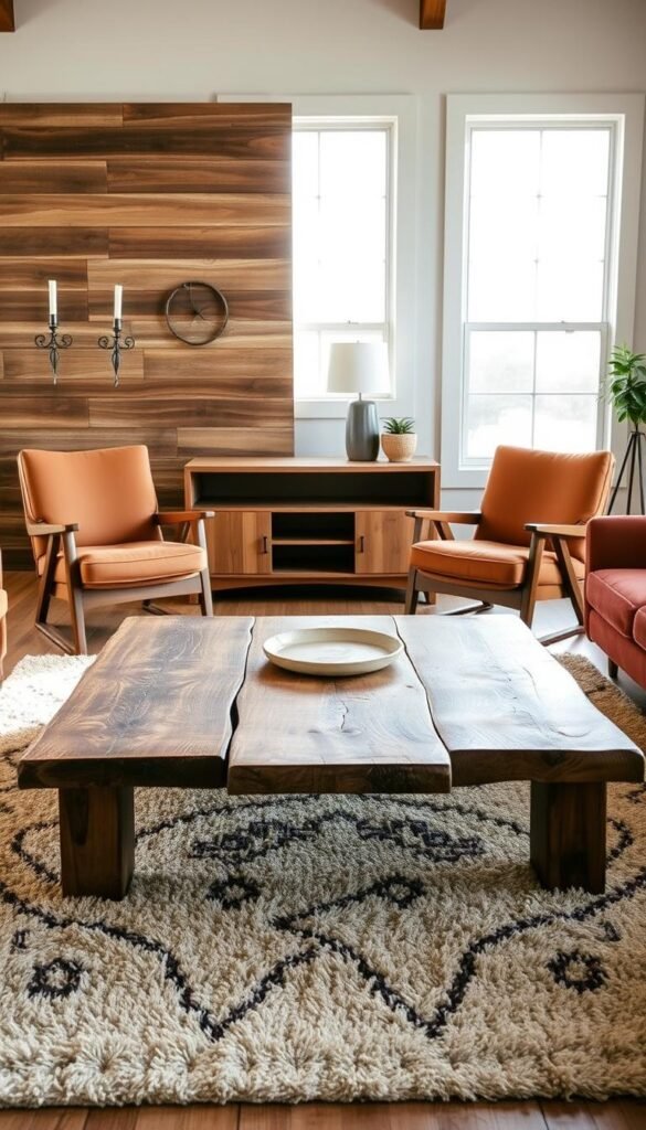 A rustic modern furniture selection, artfully arranged in a cozy, well-lit room. In the foreground, a handcrafted wooden coffee table with a worn, distressed finish sits atop a plush, neutral-toned area rug. Flanking it, a pair of mid-century inspired armchairs upholstered in rich, earthy tones. In the middle ground, a low-profile, minimalist wooden media console provides storage and display space, complemented by a sleek, modern table lamp. In the background, a large, distressed wooden wall panel adds warmth and texture, while large windows allow natural light to flood the space, creating a serene, peaceful atmosphere.