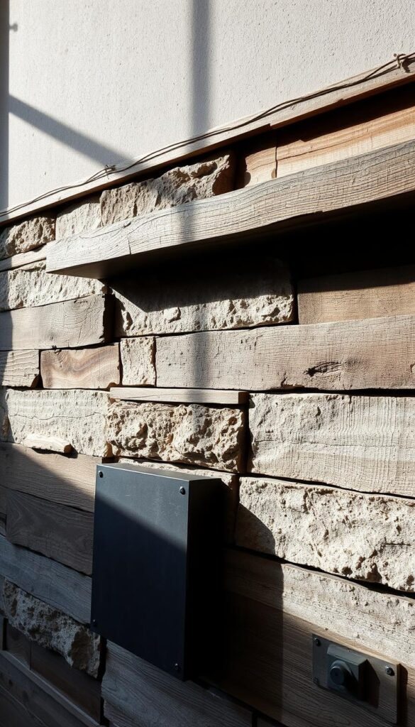 A rustic modern wall with a textured, weathered appearance, featuring a mix of natural materials like wood, stone, and metal. The wall is lit from the side, casting dramatic shadows and highlights to accentuate the tactile, handcrafted details. The composition showcases the interplay of smooth and rough surfaces, creating a visually striking and visually interesting focal point. The overall mood is one of understated elegance, where the imperfections of the materials lend character and charm to the design.