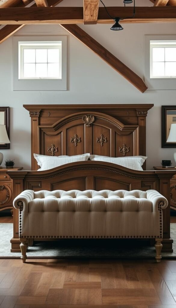 A rustic yet elegant bedroom featuring a solid wood bed frame with intricate carved detailing, complemented by a pair of ornate nightstands with weathered distressed finishes. In the middle ground, a plush, tufted upholstered bench sits at the foot of the bed, its neutral tones contrasting beautifully with the warm wood tones. The background showcases exposed wooden beams and whitewashed walls, creating a cozy and inviting atmosphere. Soft, natural lighting filters in through large windows, casting a gentle glow over the entire scene. The overall composition evokes a sense of refined country charm, perfectly suited for a modern interpretation of French-inspired style.