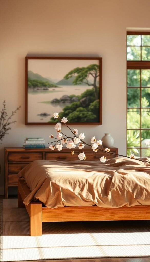 A serene Japandi-inspired bedroom, bathed in warm, natural light. In the foreground, a wooden bedframe with clean, minimalist lines, adorned with a plush, earthy-toned duvet. On the wall, a large, framed landscape painting featuring lush greenery and a tranquil body of water, drawing the eye outward. The middle ground showcases a delicate branch of cherry blossoms, its pale pink blooms cascading across a reclaimed wood dresser. In the background, a large window overlooking a verdant garden, blurring the line between indoors and out. The atmosphere exudes a sense of harmony and balance, inviting the viewer to find their own Zen.