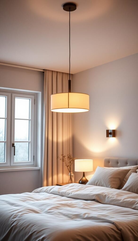 A serene Scandinavian-inspired bedroom illuminated by a stunning array of minimalist lighting fixtures. Soft, diffused light emanates from a central pendant lamp with clean geometric lines, casting a warm glow across the space. Sleek wall sconces flank a sizable window, bathing the room in gentle, natural light. The overall mood is one of tranquility and understated elegance, with carefully curated lighting working in harmony to create a serene, spa-like ambiance. The camera angle captures the lighting from a slightly elevated perspective, showcasing the cohesive, harmonious design.